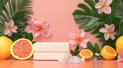 Tropical floral arrangement with citrus on pink background