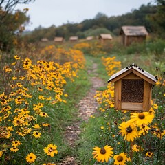 Bee Hotel in a Meadow of Yellow Flowers.
