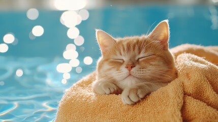 A relaxed cat comfortably resting on a soft towel near a pool, enjoying a sunny day with serene water reflections.