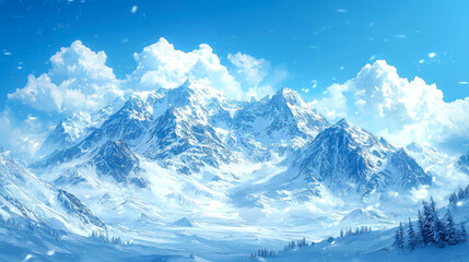 Snowy mountain range with a blue sky and clouds.