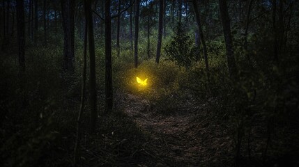Fototapeta premium A small, mysterious glowing light resembling a firefly floats in the air between the trees, suspended a few meters away. The light is intense yet does not illuminate the ground or cast a shadow,