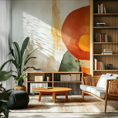 professional zoom background with a bookshelf plant and wall art