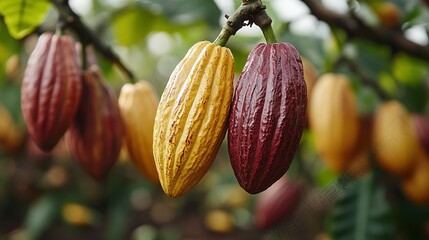 Ripe and Unripe Cocoa Pods Hanging from a Branch