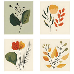 Create a set of four vector designs featuring botanical illustrations each taking a unique and organic form The designs should be inspired by natural shapes such as lea