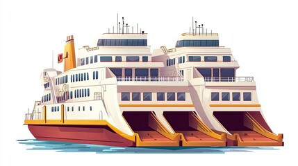 Fototapeta premium White and Red Ferry Boat with Lowered Ramps