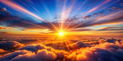 Fototapeta premium Sunset sun rays glowing above the clouds in a vibrant display of colors , sunset, sun rays, above clouds, sky, nature