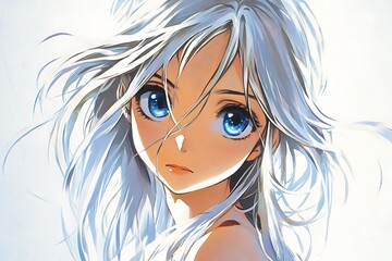 Anime girl portrait with white hair and blue eyes
