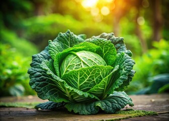Fototapeta premium Fresh Organic Green Cabbage in Tilt-Shift Photography for a Healthy Diet, Nutrient-Rich Vegetables, Organic Produce, Farm Fresh, Healthy Eating, Sustainable Agriculture, Organic Gardening, Green Foods