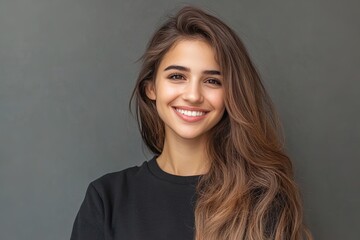 Naklejka premium A Woman With Long Hair Smiles Beautifully While Standing Against a Grey Background