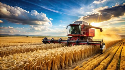 Fototapeta premium Combine harvester harvesting ripe wheat field, agriculture, machine, golden, wheat, field, harvest, farming, crop