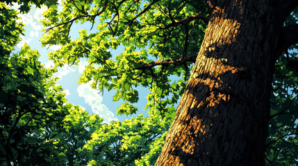 Obraz premium Sunlight filtering through lush green leaves of a large tree.