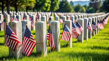 Military headstones adorned with American flags for Memorial Day , Memorial Day, military, headstones, flags