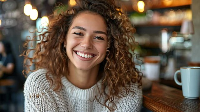 Smiling Woman With Curly Hair in Cozy Sweater at Cafe With Warm Lighting and Soft Focus Background, Emulating a Casual and Friendly Atmosphere for Social Media, Blog Posts, or Lifestyle Content