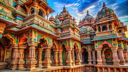 Architectural marvels from ancient India showcasing intricate carvings, vibrant colors, and symmetrical designs, India