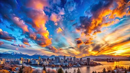 Obraz premium Beautiful panoramic view of colorful cloudscape with blue sky in background during a sunny winter sunset in Vancouver