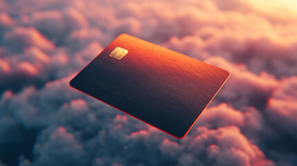 platinum credit card drifting among misty clouds at sunset, evoking sense of luxury and aspiration