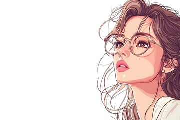 Fototapeta premium Anime style illustration of a young woman with glasses looking up dreamily, white background