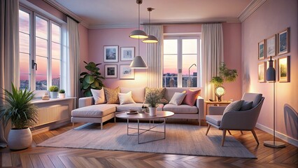Space-Saving Minimalist Living Room in Pastel Pink and Cream, Scandinavian Design in Stockholm, Soft Twilight Lighting, Cozy Aesthetic, Modern Furniture, Tranquil Atmosphere