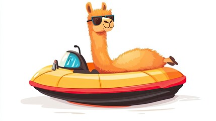 Naklejka premium Llama Wearing Sunglasses Driving a Yellow Boat