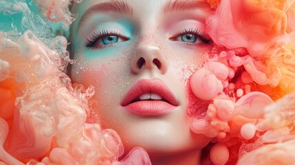 Surreal Portrait with Colorful Fluid Patterns Surrounding a Woman&rsquo;s Face