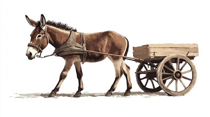Donkey pulling a wooden cart with large wheels