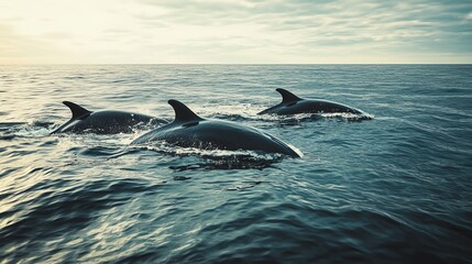 Three orcas swimming in the ocean.