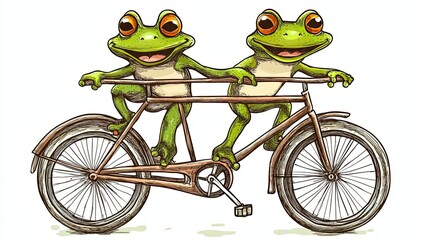 Two Smiling Frogs Riding a Bicycle Together