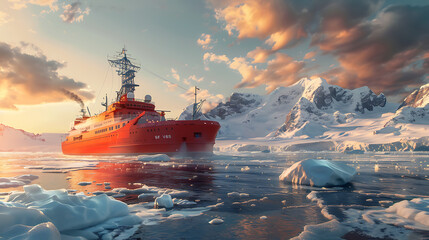 Obraz premium Red Ship Navigating Icy Waters with Snowy Mountain Background