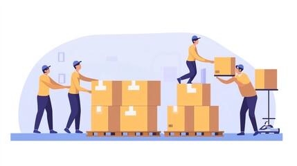Fototapeta premium An illustration of four warehouse workers packing boxes onto pallets.