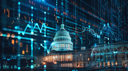 US Capitol Building with Digital Overlay Representing Economic Data