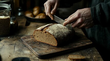 A Hand Cutting a Loaf of Crusty Bread with a Knife