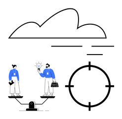 Team working together with balanced scales, exchanging ideas while standing on scales, cloud symbol, targeting sight. Ideal for business strategy, teamwork, innovation, balance, targeting
