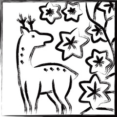 筆書き正方形ミニ花札　神無月　紅葉　鹿　10月　紅葉に鹿