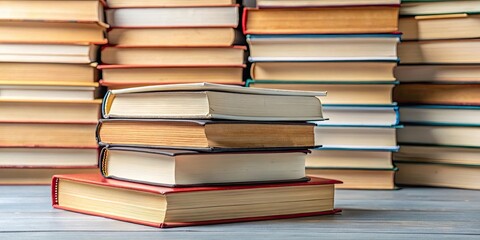 Hardcover book resting on a pile of other books , literature, education, reading, stack, library, knowledge, learning