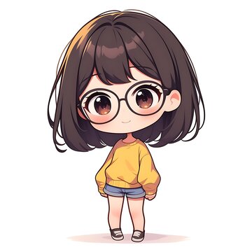 recommend clip art: Cute anime girl with brown hair wearing glasses, yellow sweater and denim shorts