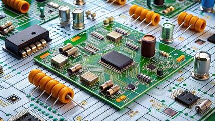 of electronic components on a circuit diagram, circuit board, technology, electrical engineering