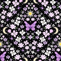 Purple butterfly celestial magnolia flowers seamless pattern. Sun moon crescent magic spider botanical floral print. Good for fabric, fashion design, wallpaper, wrapping paper, textile, summer spring.