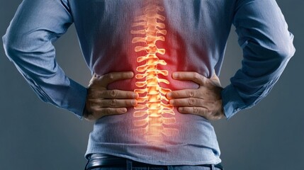 A person holds their lower back, illustrating a pain point along the spine, suggesting discomfort or a potential musculoskeletal issue.