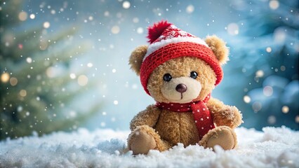 Cute bear in festive winter hat with snowy background, bear, winter, hat, festive, cute, snow, background, holiday, cold, season