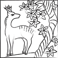 筆書き正方形花札　神無月　紅葉　鹿　10月　紅葉に鹿