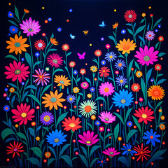 Vibrant floral wonderland with colorful blooms and fluttering butterflies in a dreamlike setting, digital art of floral design concept.