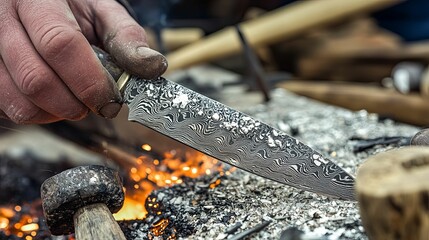 A Hand Holding a Damascus Steel Knife over a Fire