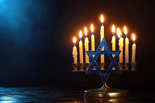  Hanukkah light tradition: Star of David, candles burn bright, celebrating faith, heritage, and the lasting spirit of unity, spreading joy and peace during the cherished days of the holiday.