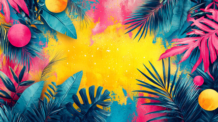 Tropical leaves and colorful spheres on yellow background.