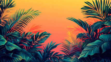 Tropical leaves frame an orange and yellow sunset.