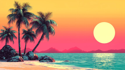 Tropical sunset with palm trees on a beach.