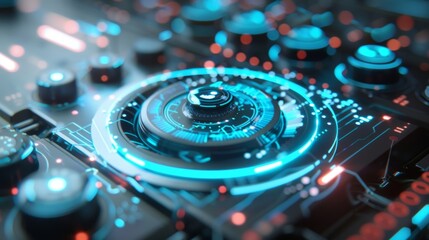 Futuristic control panel featuring a central circular interface emanating glowing blue light, surrounded by an array of buttons and intricate circuitry, evoking advanced technology and innovation
