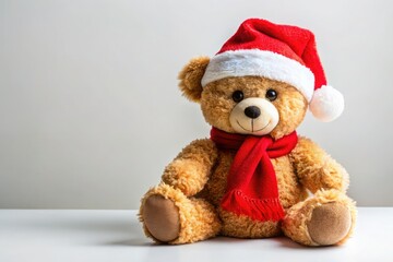 Adorable Teddy Bear in Red Hat and Scarf Against White Background for Christmas Greeting Card Design