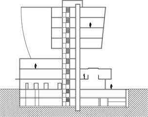Vector sketch, illustration, silhouette, design, detailed image of the architectural engineering and sections of the modern Floors Luxury Hotel supermarket building 