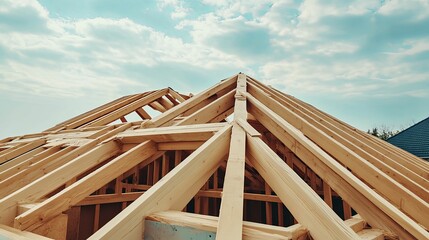 Wooden Roof Frame Construction Against a Cloudy Sky